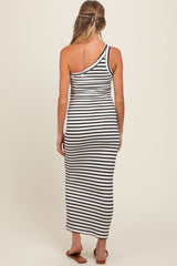 Black Striped Single Shoulder Knit Maternity Maxi Dress