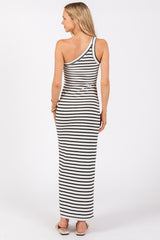 Black Striped Single Shoulder Knit Maxi Dress