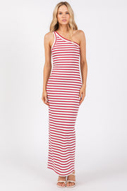 Red Striped Single Shoulder Knit Maxi Dress