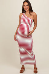 Red Striped Single Shoulder Knit Maternity Maxi Dress