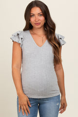 Heather Grey Cable Knit Layered Ruffle Sleeve Maternity Top