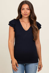 Navy Blue Cable Knit Layered Ruffle Sleeve Maternity Top