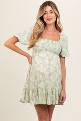 Light Olive Floral Smocked Square Neck Maternity Dress