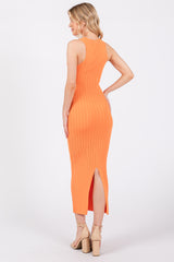 Orange Ribbed Sleeveless Back Slit Midi Dress