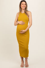 Yellow Ribbed Sleeveless Back Slit Maternity Midi Dress