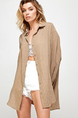 Taupe Lightweight Sheer Button Down Blouse