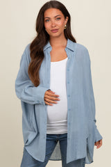 Light Blue Lightweight Sheer Button Down Maternity Blouse