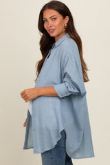 Light Blue Lightweight Sheer Button Down Maternity Blouse