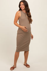 Mocha Acid Wash Ribbed Sleeveless Maternity Midi Dress