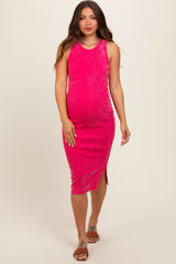 Magenta Acid Wash Ribbed Sleeveless Maternity Midi Dress