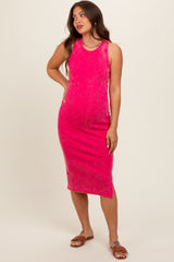 Magenta Acid Wash Ribbed Sleeveless Maternity Midi Dress