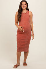 Rust Acid Wash Ribbed Sleeveless Maternity Midi Dress