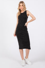 Black Acid Wash Ribbed Sleeveless Maternity Midi Dress