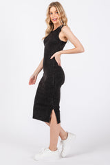 Black Acid Wash Ribbed Sleeveless Midi Dress