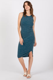 Dark Teal Acid Wash Ribbed Sleeveless Midi Dress