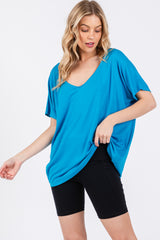 Blue Short Dolman Sleeve V-Neck Top