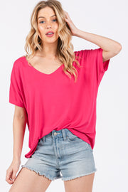 Fuchsia Short Dolman Sleeve V-Neck Top