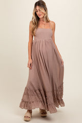 Taupe Smocked Halter Cutout Maternity Maxi Dress