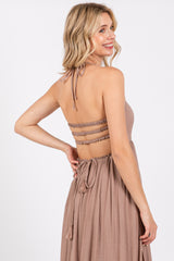 Taupe Smocked Halter Cutout Maxi Dress