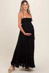 Black Smocked Halter Cutout Maternity Maxi Dress