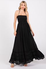 Black Smocked Halter Cutout Maternity Maxi Dress