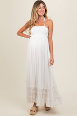 White Smocked Halter Cutout Maternity Maxi Dress