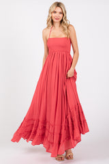 Coral Smocked Halter Cutout Maternity Maxi Dress