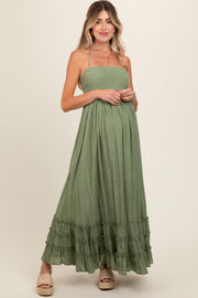 Olive Smocked Halter Cutout Maternity Maxi Dress