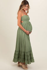 Olive Smocked Halter Cutout Maternity Maxi Dress