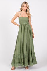 Olive Smocked Halter Cutout Maternity Maxi Dress