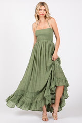 Olive Smocked Halter Cutout Maxi Dress