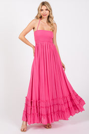 Pink Smocked Halter Cutout Maxi Dress