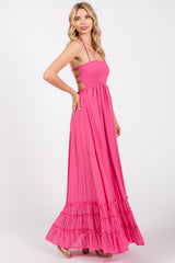 Pink Smocked Halter Cutout Maxi Dress