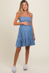 Blue Striped Ruffle Trim Maternity Dress