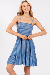 Blue Striped Ruffle Trim Dress