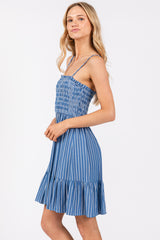 Blue Striped Ruffle Trim Dress