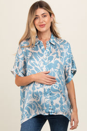 Aqua Floral Button Down Maternity Blouse