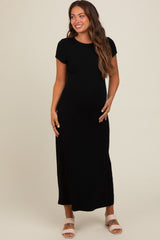 Black Short Sleeve Maternity Midi T-Shirt Dress