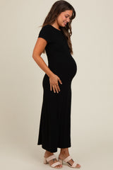 Black Short Sleeve Maternity Midi T-Shirt Dress