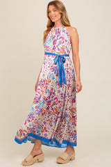 Violet Floral Halter Front Tie Maternity Maxi Dress