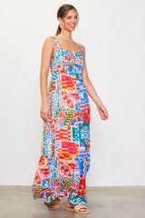 Blue Multi-Color Abstract Print Tiered Maxi Dress