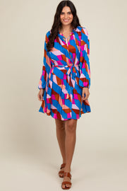 Blue Geometric Front Tie Long Puff Sleeve Dress