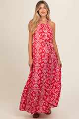 Red Paisley Halter Cross Back Maternity Maxi Dress