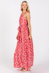 Red Paisley Halter Cross Back Maxi Dress