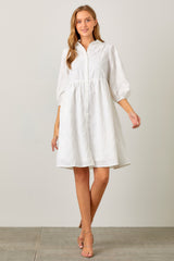 Ivory Floral Embroidered Collared Button Down Dress