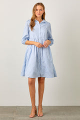 Light Blue Floral Embroidered Collared Button Down Dress