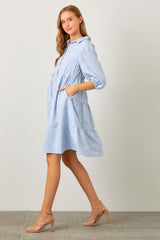 Light Blue Floral Embroidered Collared Button Down Dress