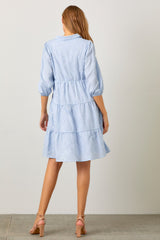 Light Blue Floral Embroidered Collared Button Down Dress