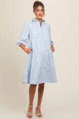 Light Blue Floral Embroidered Collared Button Down Maternity Dress