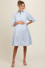 Light Blue Floral Embroidered Collared Button Down Maternity Dress